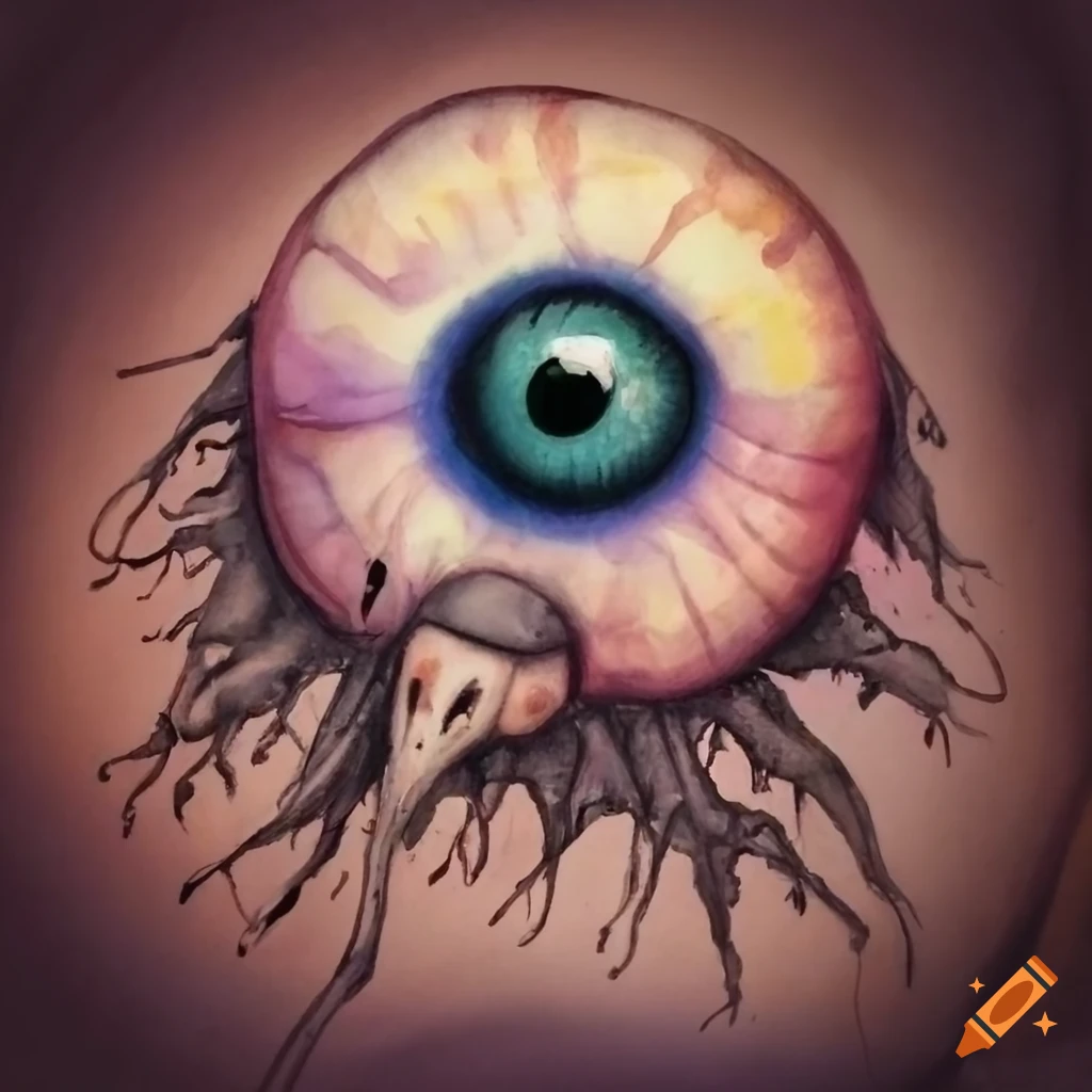 Surreal macabre condor eyeball creature with watercolor wash and micron inks