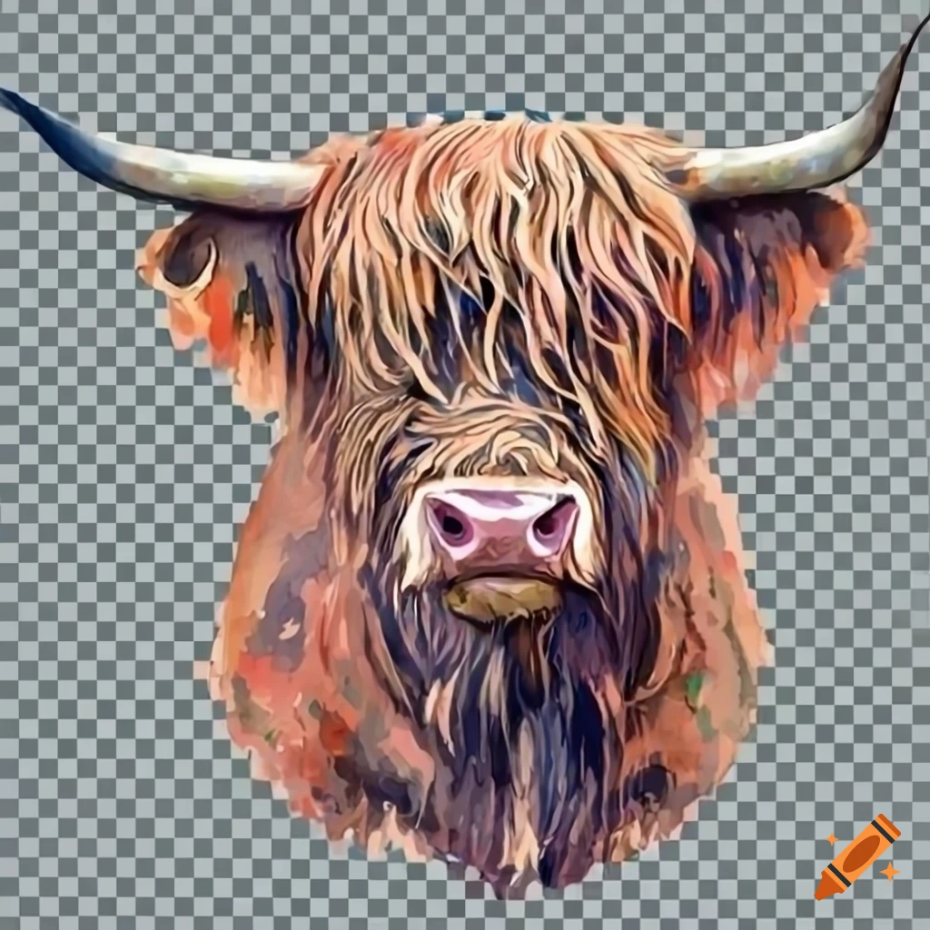 Watercolor painting of a highland cow's head on a transparent background
