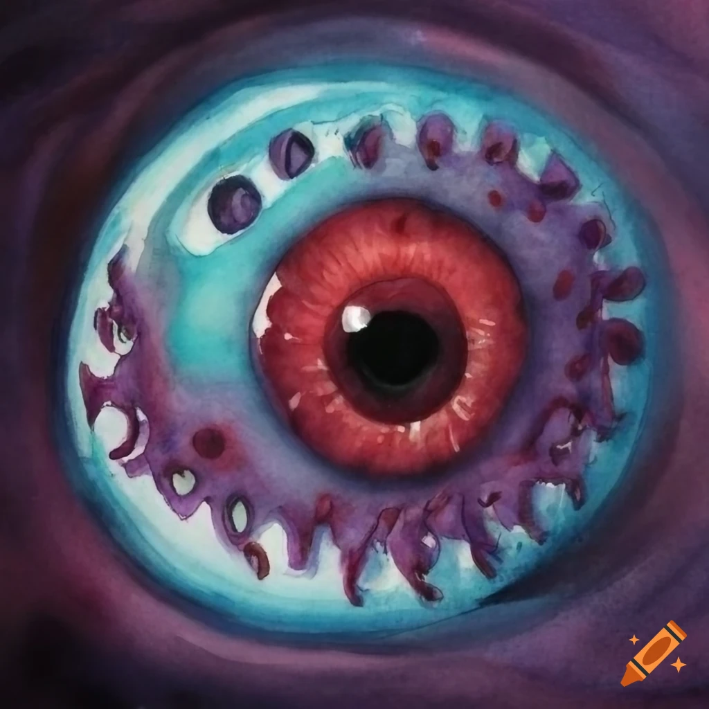 Horror eyeball with tentacle body in watercolor wash and micron inks