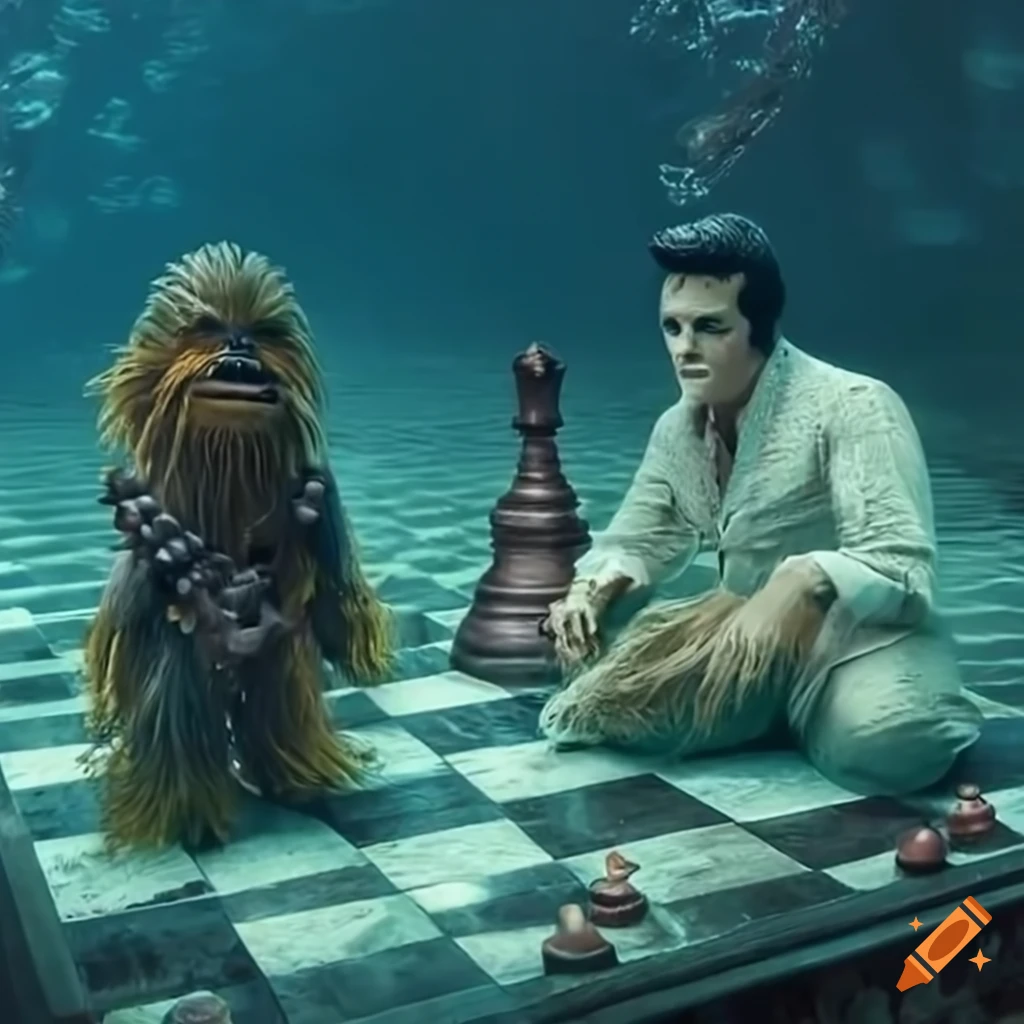 Chewbacca vs elvis presley in an underwater temple chess match on Craiyon