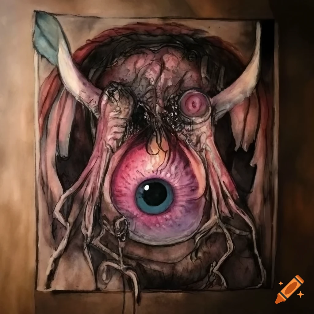 Surreal macabre condor eyeball creature with watercolor wash and micron inks