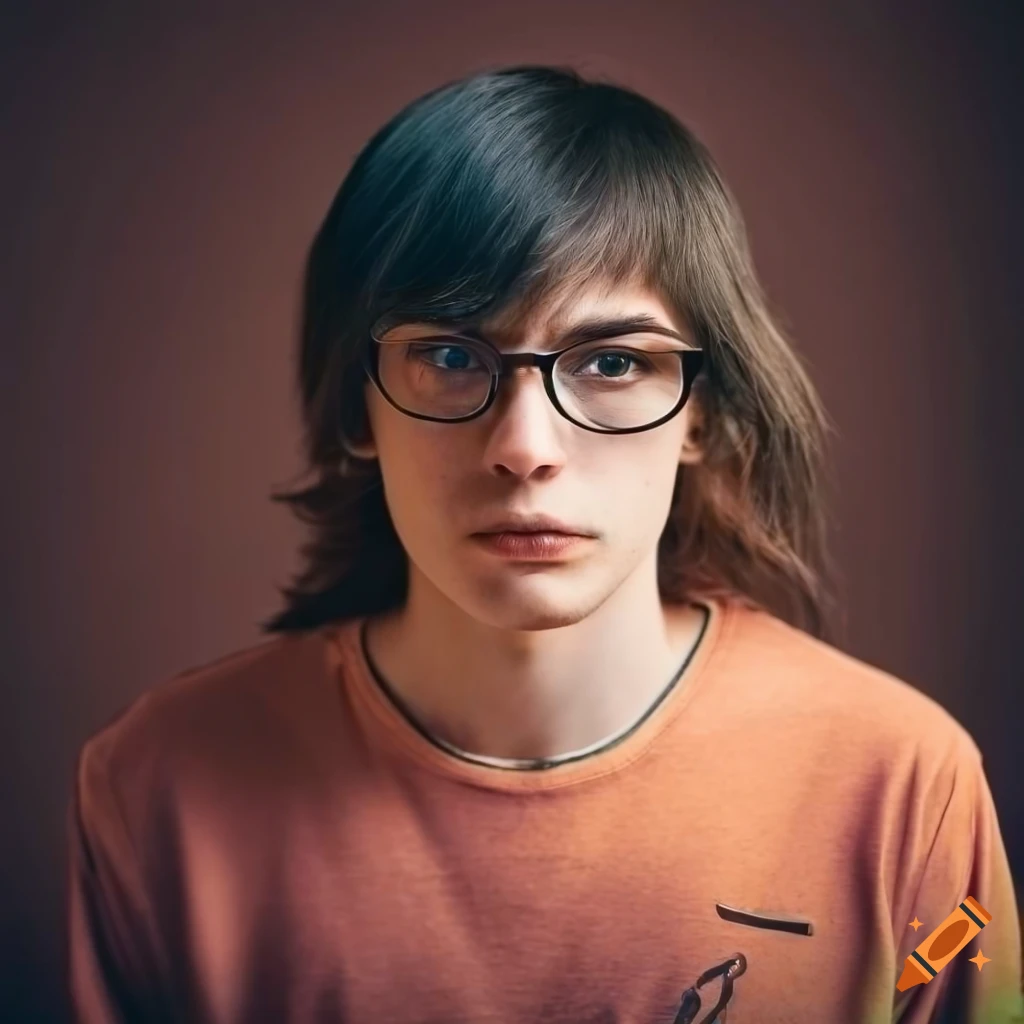 Young man with long brown hair and glasses in a vintage salmon tee