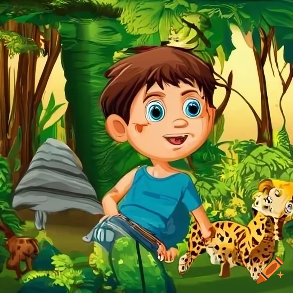 Boy in the jungle surrounded by animals on Craiyon