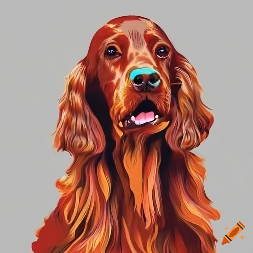 Bright red irish setter dog with long wavy coat and prominent ears on