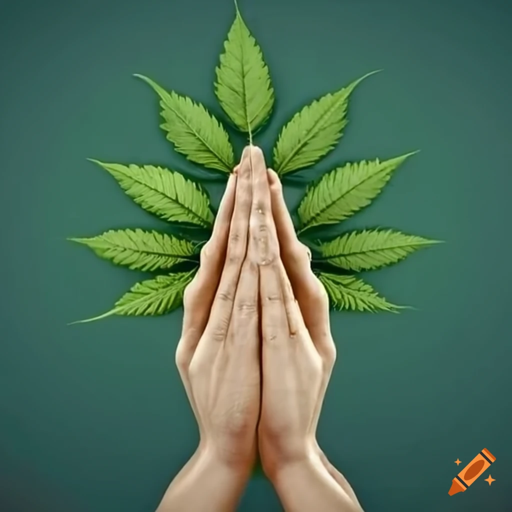 Praying hands holding a weed leaf