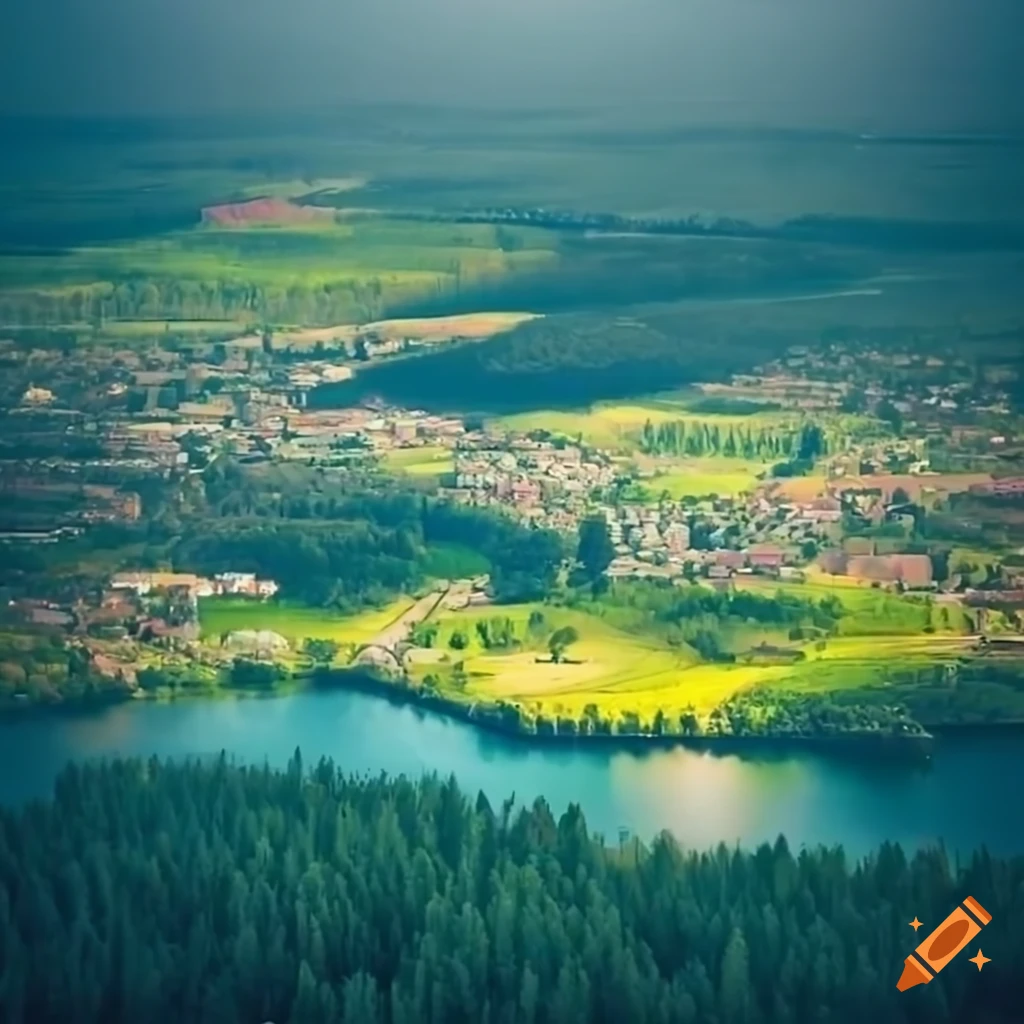 Aerial view of a city on a lake surrounded by mountains, forest, and ...