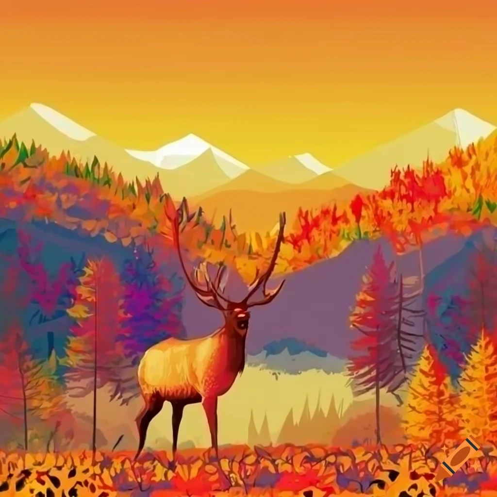 Elk in vibrant autumn landscape with colorful trees and mountains on ...