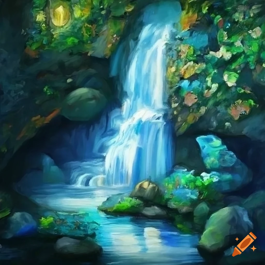Greenhouse with rocks and waterfall in a fantasy style oil painting