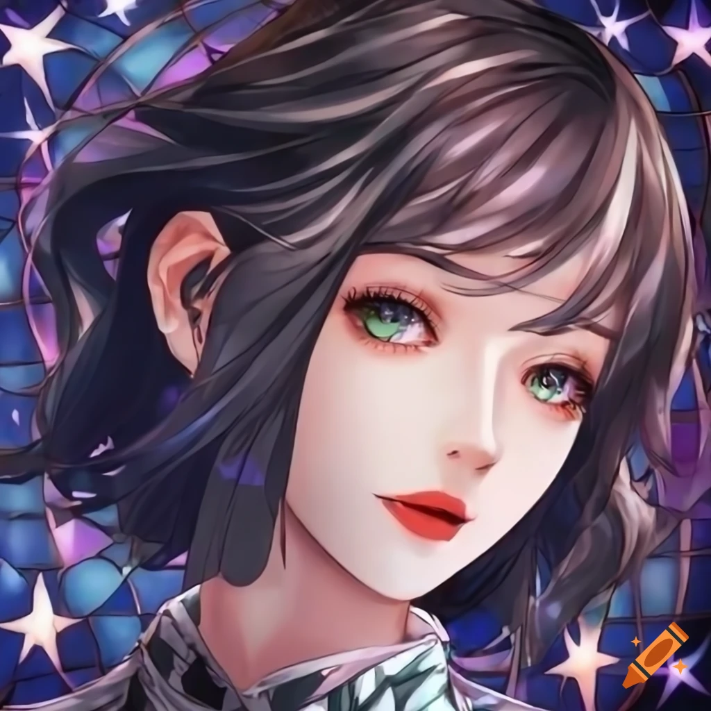 Beautiful woman with sea green eyes, wavy black hair, and plaid coat in a stained glass background