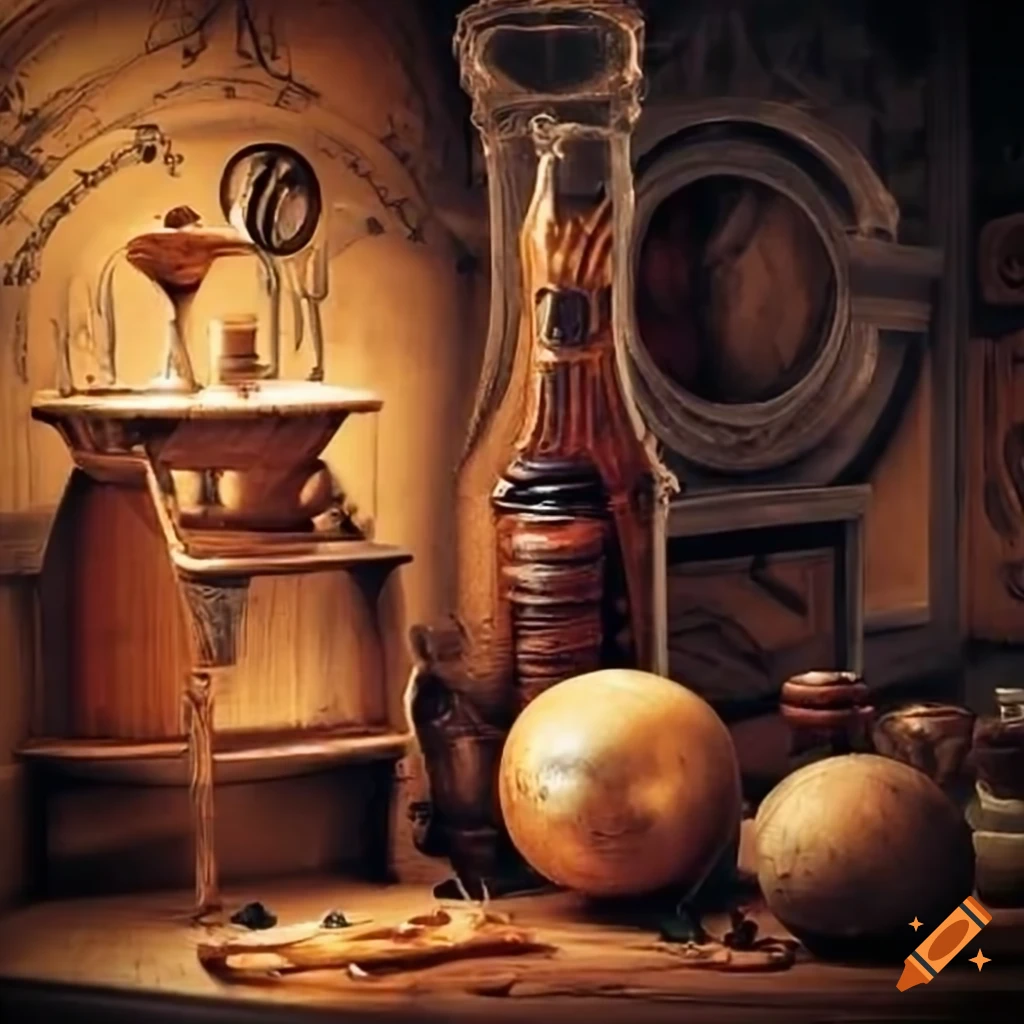 Shelf of unfinished alchemy products in an alchemy chamber on Craiyon