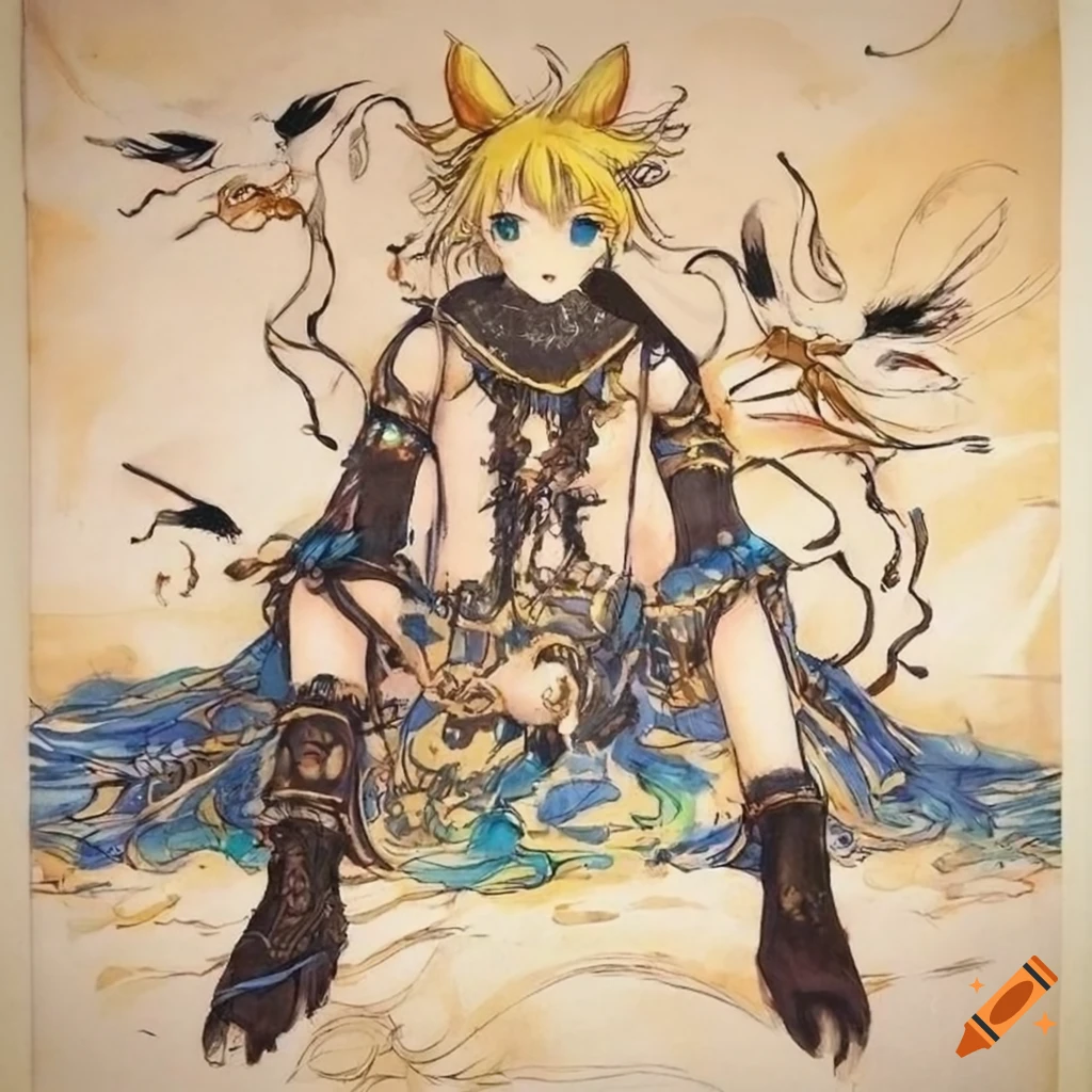 Kagamine Len in bed, Final Fantasy concept art by Yoshitaka Amano