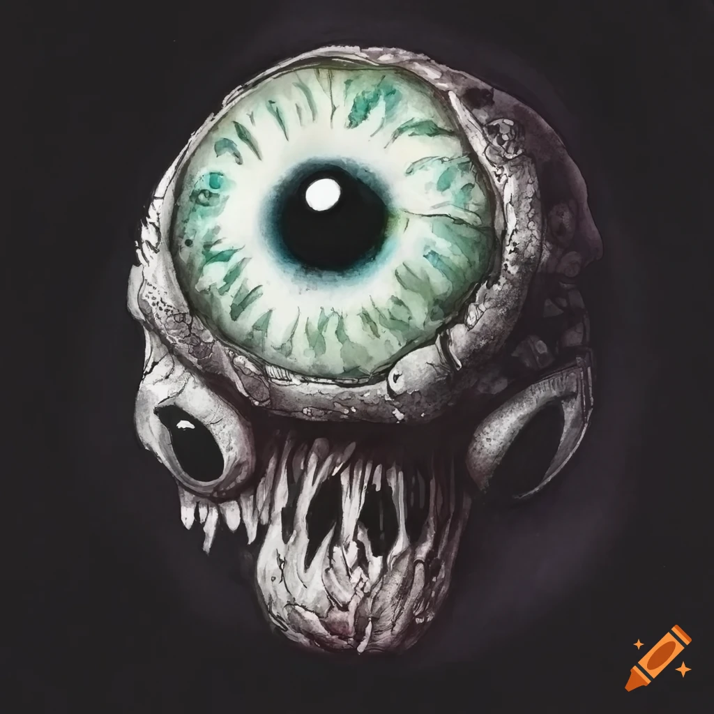 Horror eyeball with sprouting mushroom eyeballs in H.R. Giger style