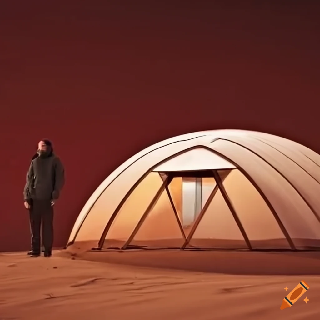 Man dreaming on Mars with minimalist Scandinavian structures