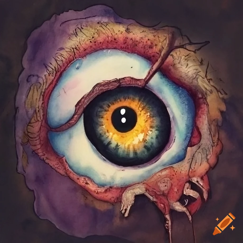 Surreal macabre condor eyeball creature with eye sprouts, watercolor wash and micron inks