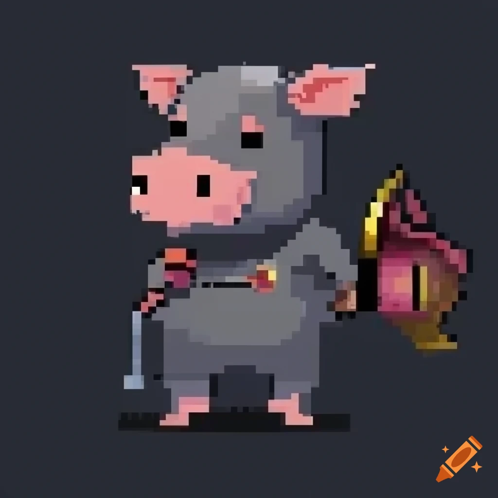 Small black pig wearing a helmet in pixel art style