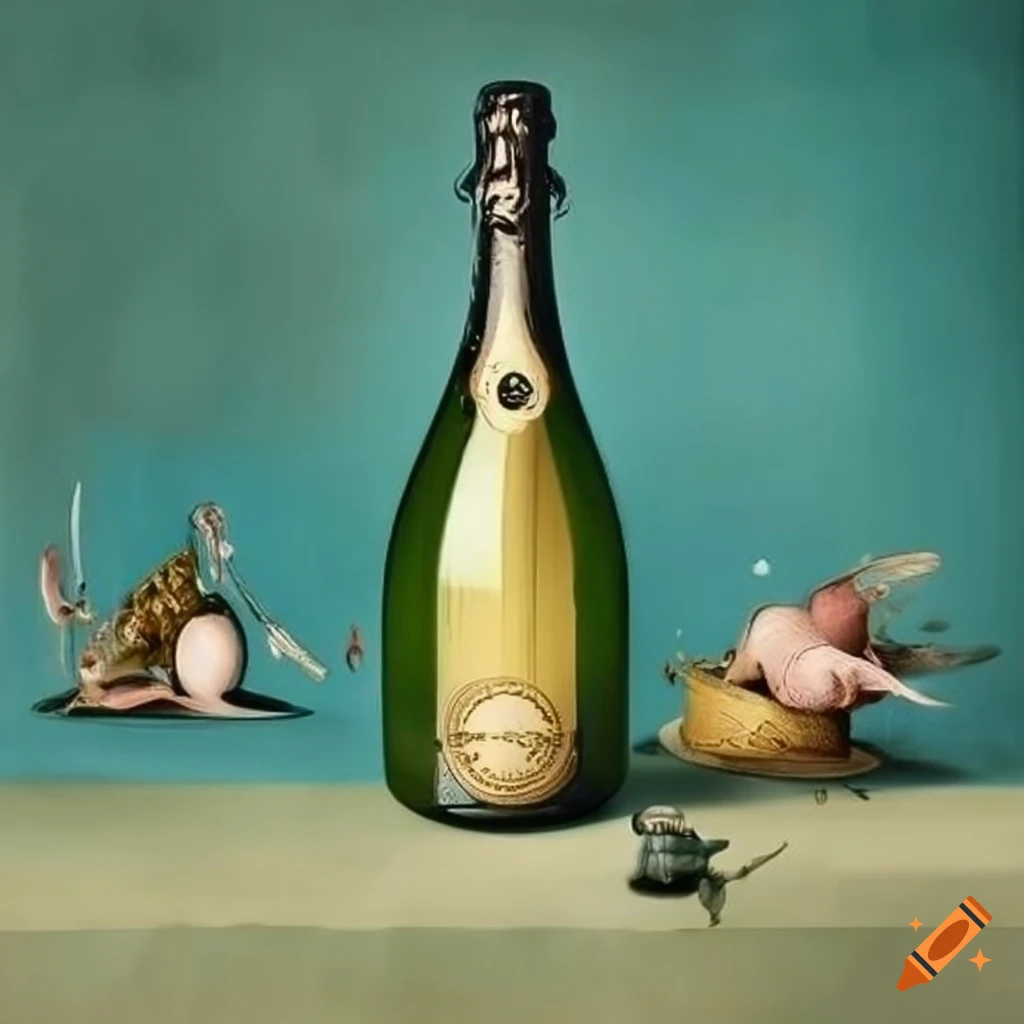 Champagne bottle with H2NO label and Hieronymus Bosch-style objects around