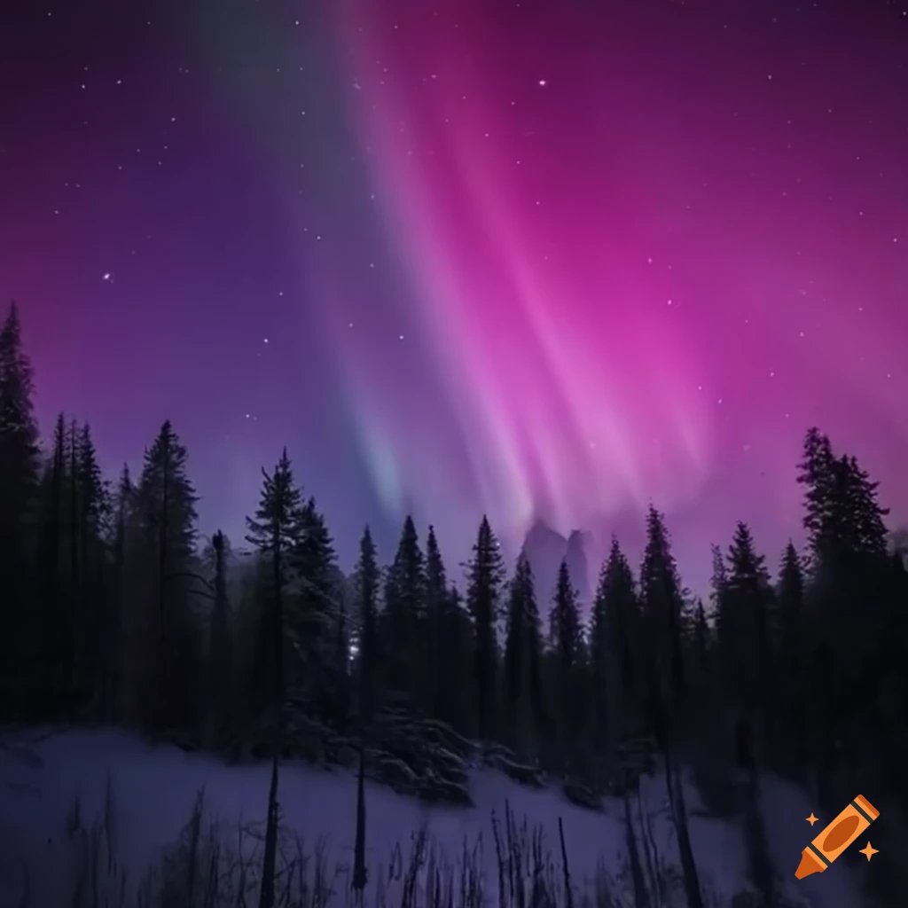 Purple aurora borealis above a forest in high definition