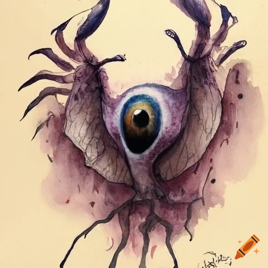 Surreal condor eyeball creature with watercolor wash and micron inks