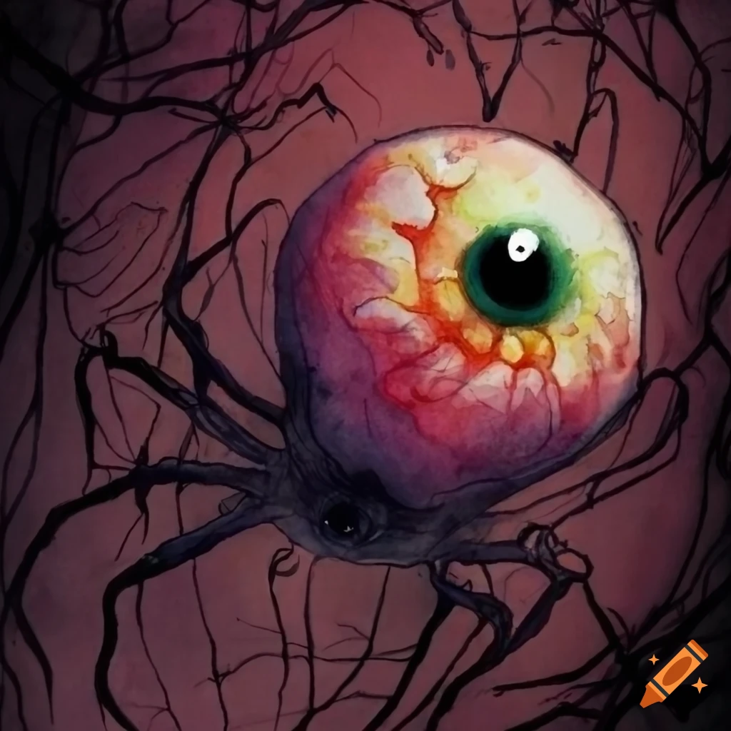 Horror eyeball spider with Lovecraftian style in watercolor and india inks