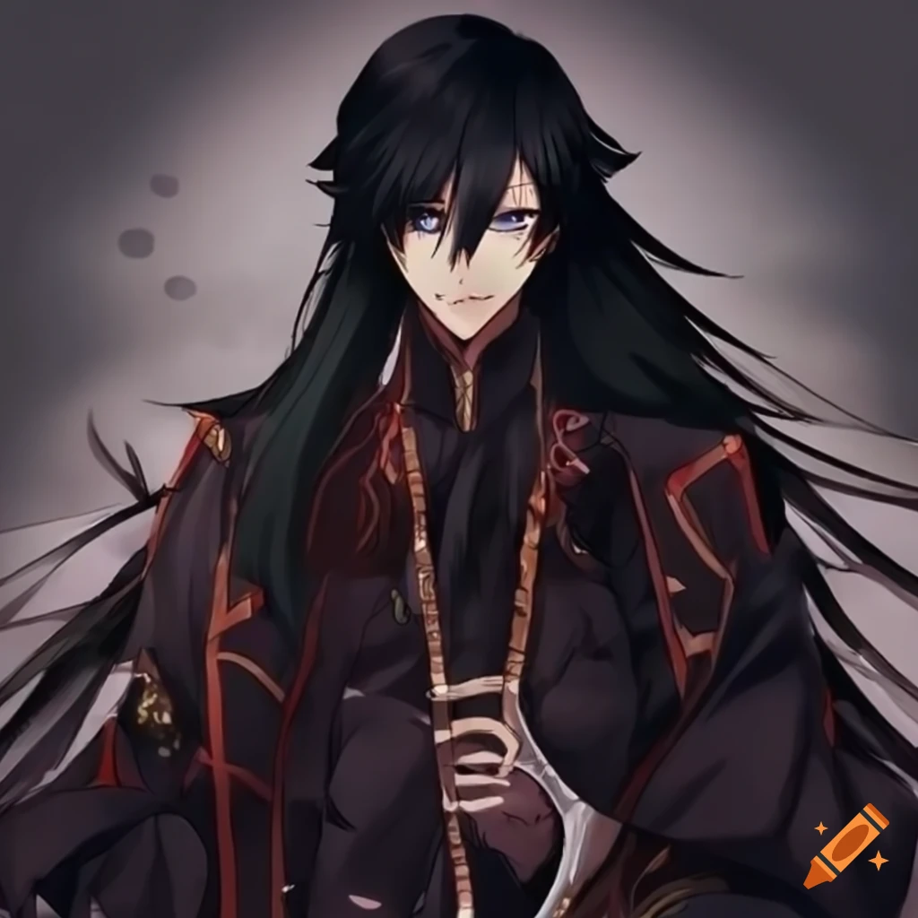 Anime character with regal and arrogant demeanor, long black hair and narrow blue eyes