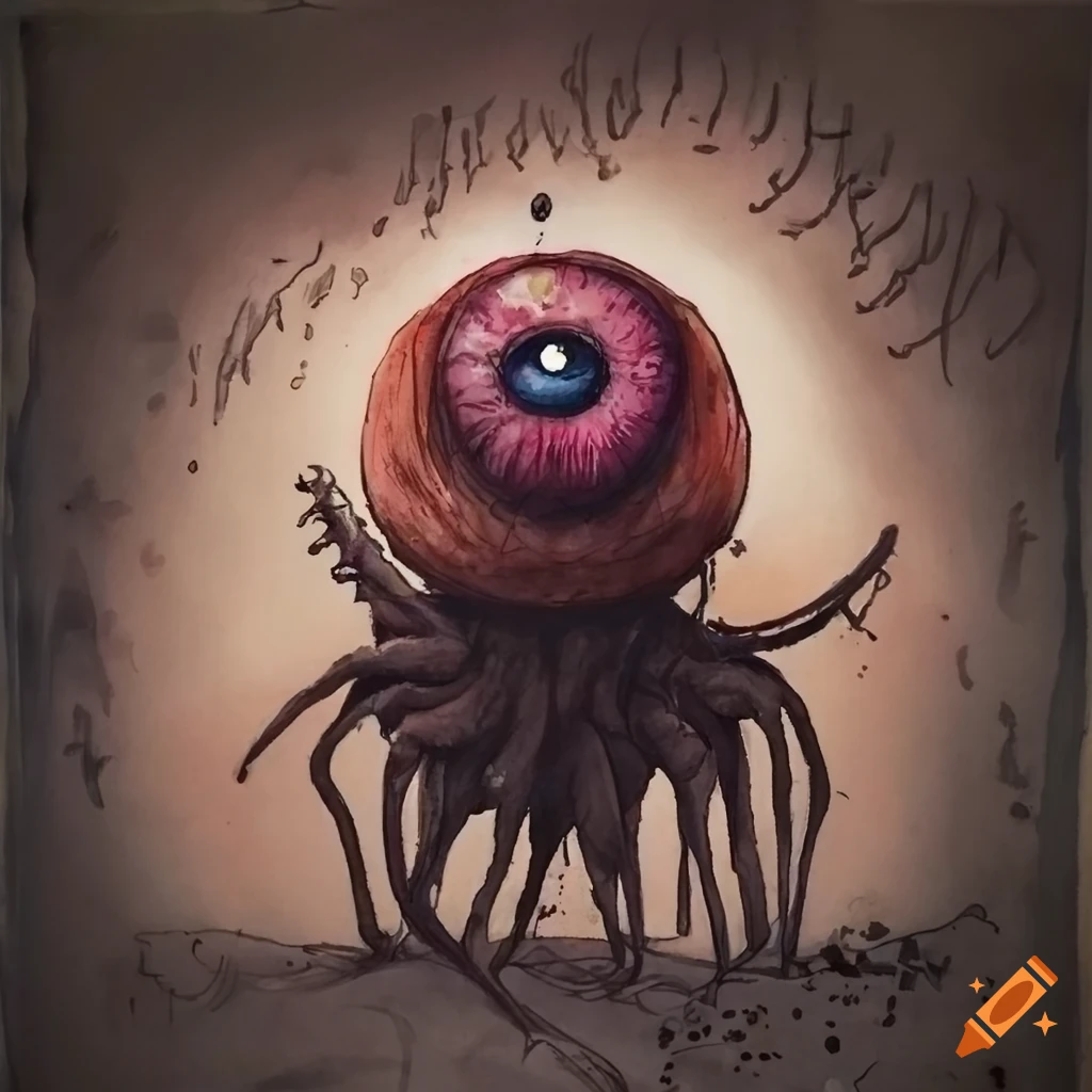 Surreal macabre condor eyeball creature with watercolor wash and micron inks