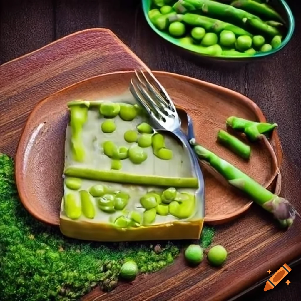 Delightful terrine of asparagus and green peas on a bed of moss with seasoning