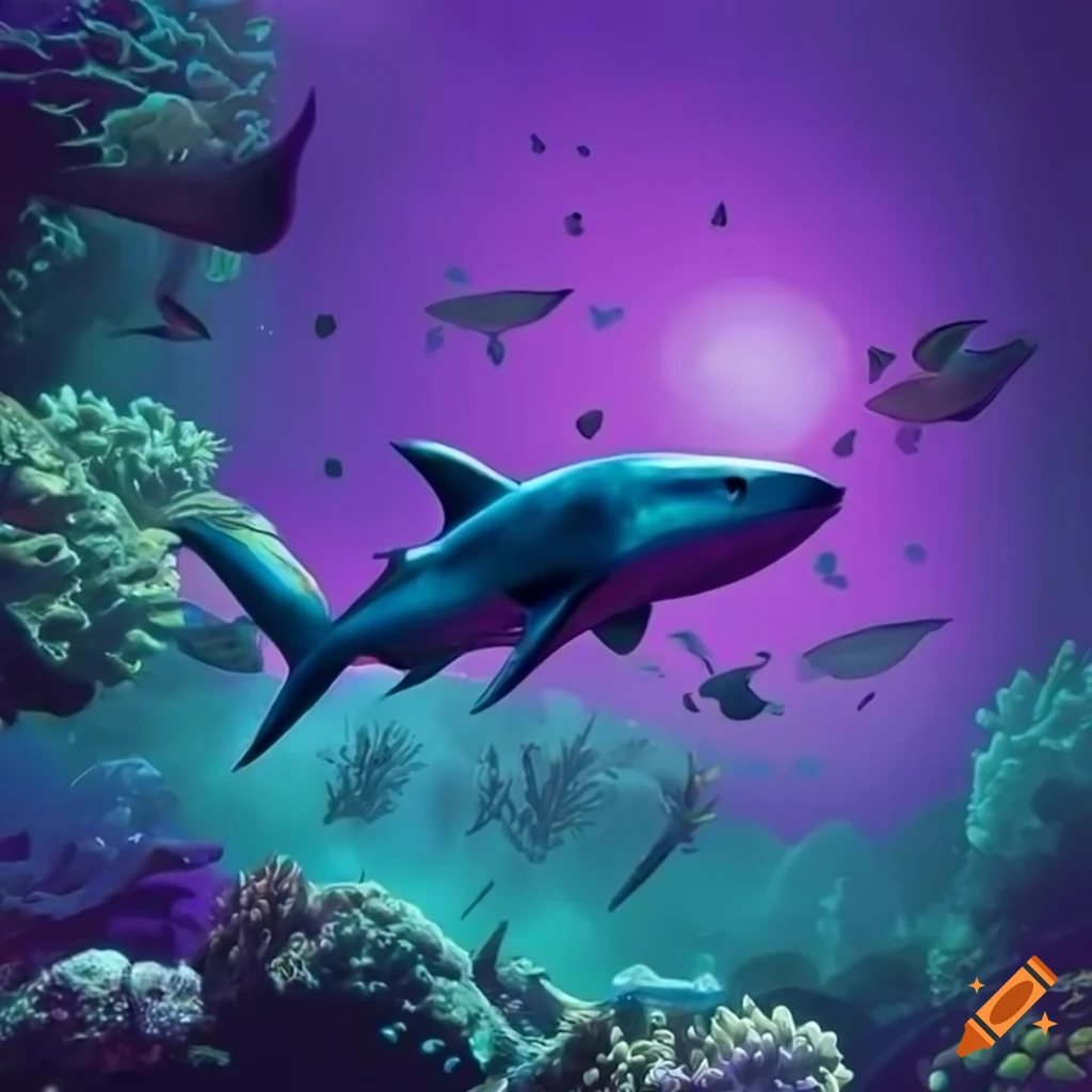 Comic blue shark in vibrant purple ocean coral reef on Craiyon