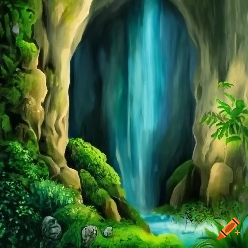 Cave with rocks, waterfall, and greenery in a fantasy oil painting on ...