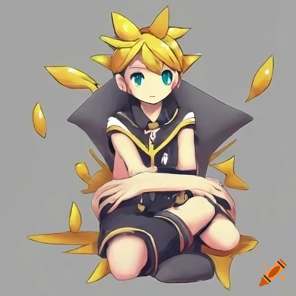 Kagamine Len reclining in bed in Pokémon official art style