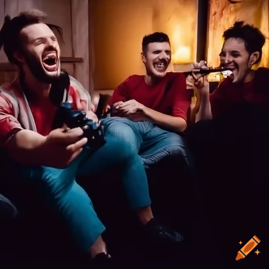 Men playing video games on a couch with friends yelling and drinking beer