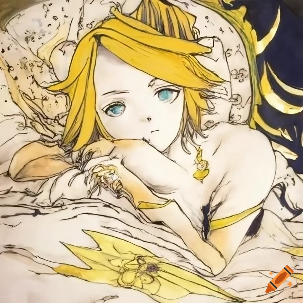 Kagamine Len in bed, Final Fantasy concept art by Yoshitaka Amano
