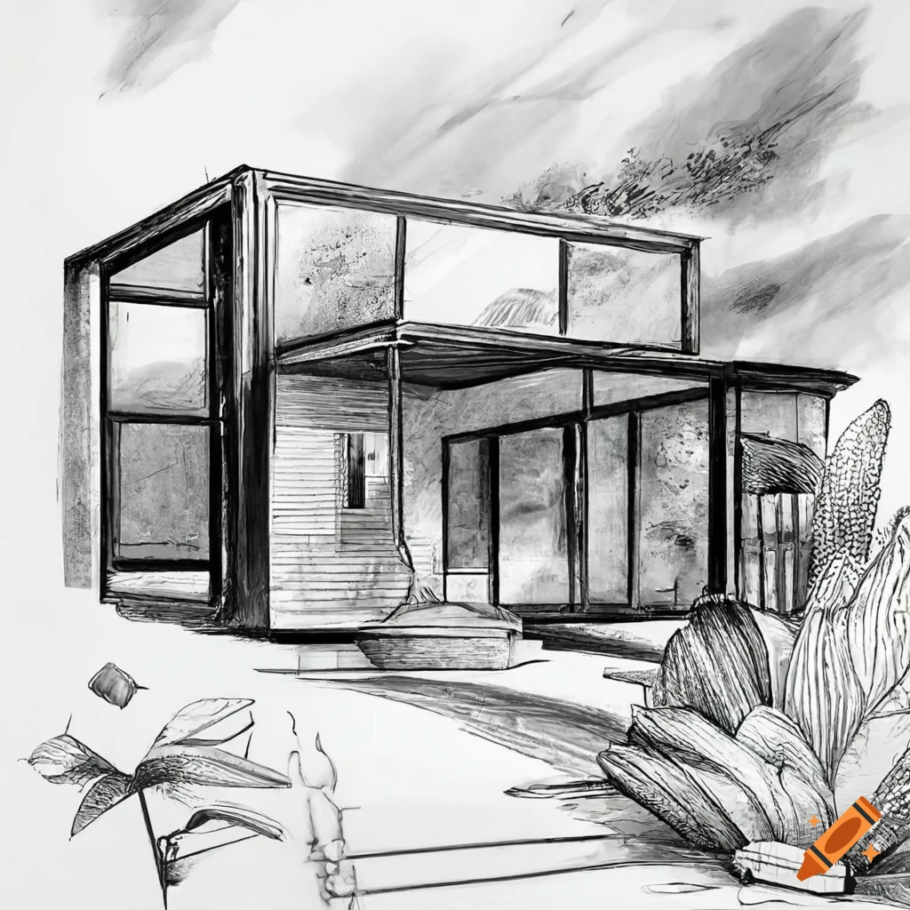 Mid-century house with black steel-framed window, sunlit pool, and wild garden in black and white
