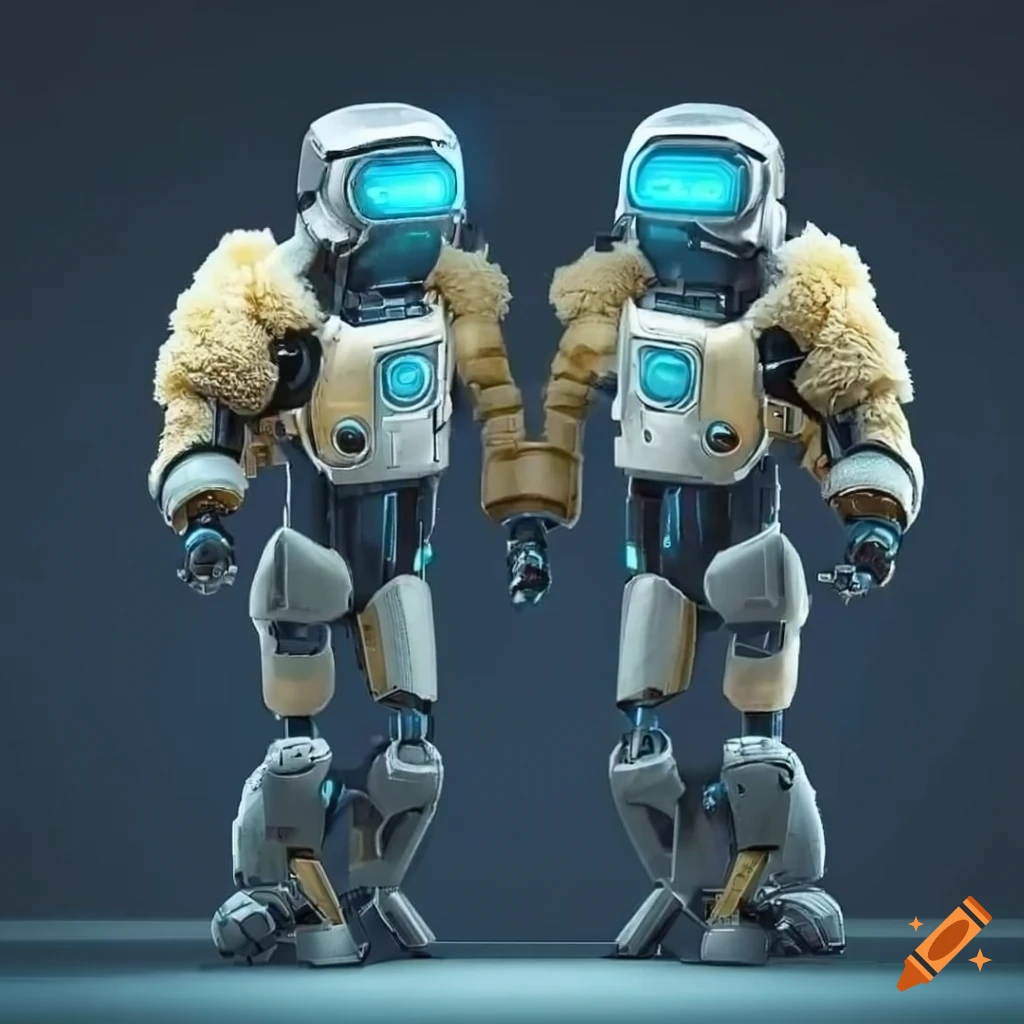 Futuristic robots in fluffy bomber jackets hugging on Craiyon