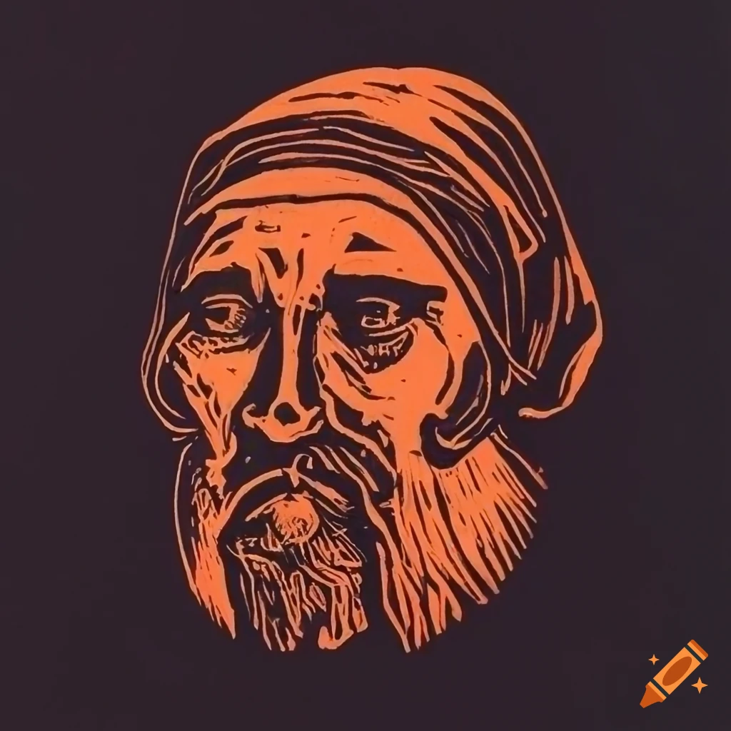 Stoic mountaineers in a linocut style