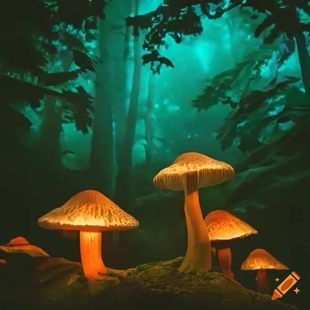 Mushrooms on a green forest floor in a psychedelic setting on Craiyon