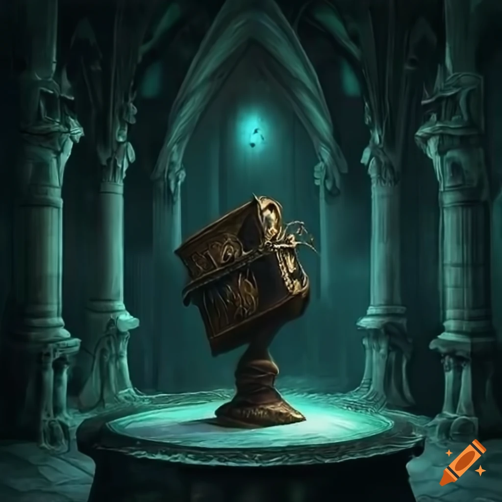 Dungeons and Dragons themed image with a tome on a pedestal in a dark room