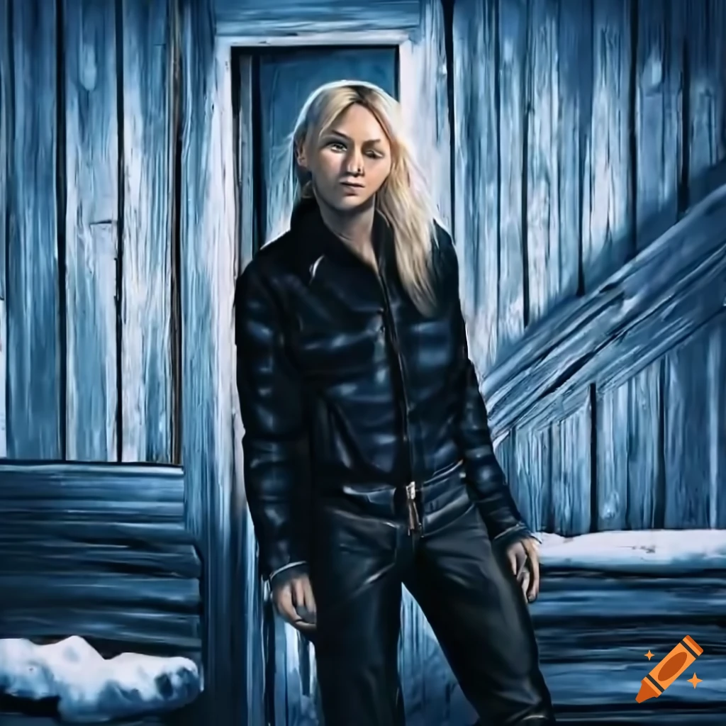 Blonde woman in plaid shirt and black leather outfit