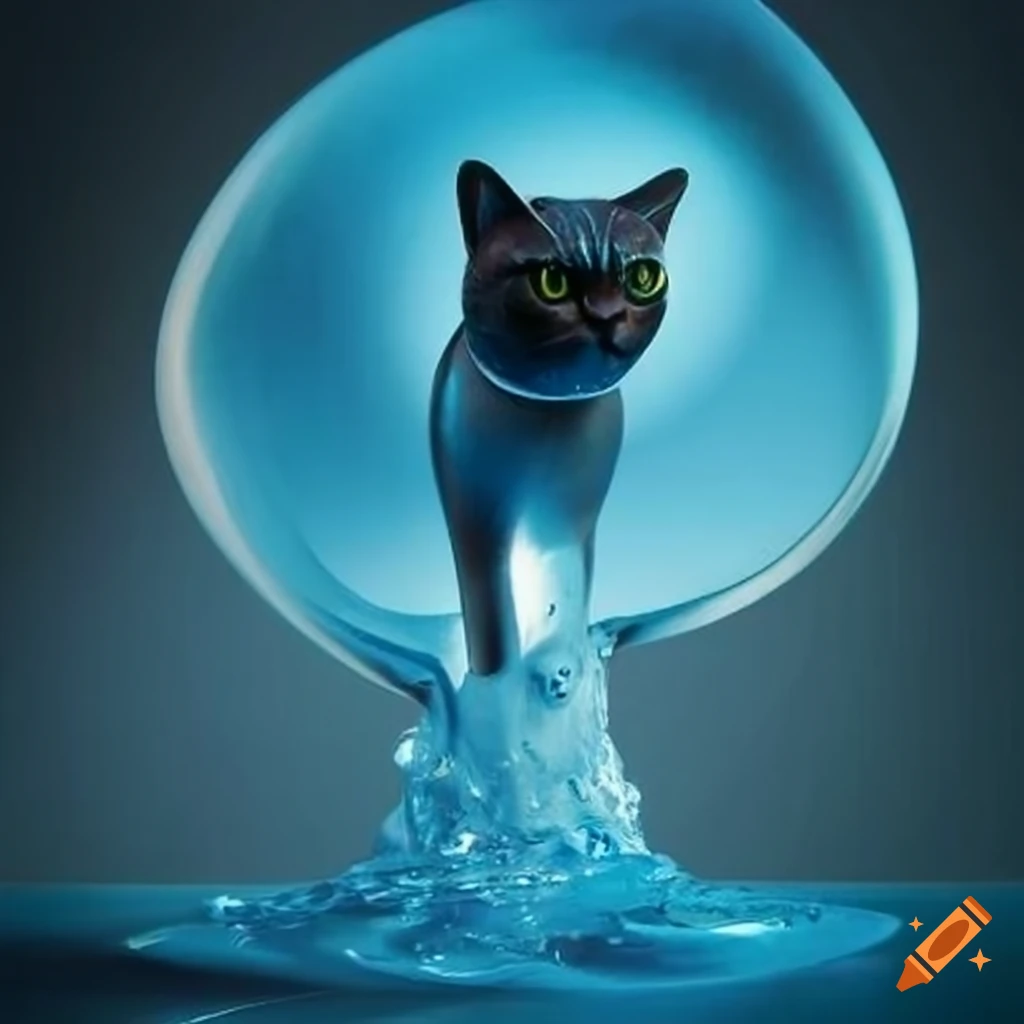 Water sculpture in the shape of a cat with ocean-blue spiraling