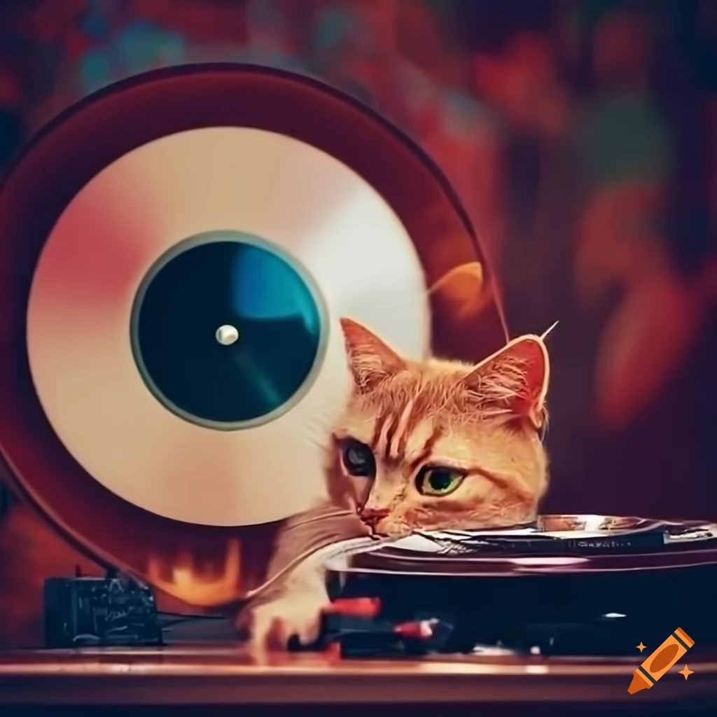 KrazyKarma, the cat DJ, spinning records at a vintage turntable in a Bohemian setting