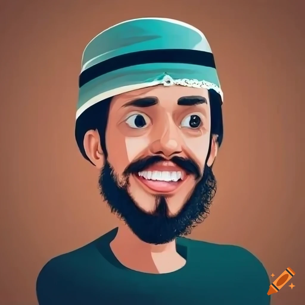 Smiling young man with beard and mustache wearing a Muslim cap on Craiyon