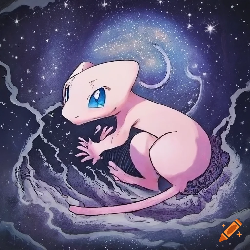 Mew pok mon under a starry sky in a detailed manga art style by