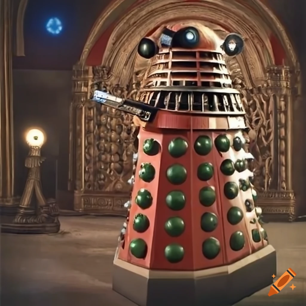 Dalek seated on an ornate throne in a sci-fi setting