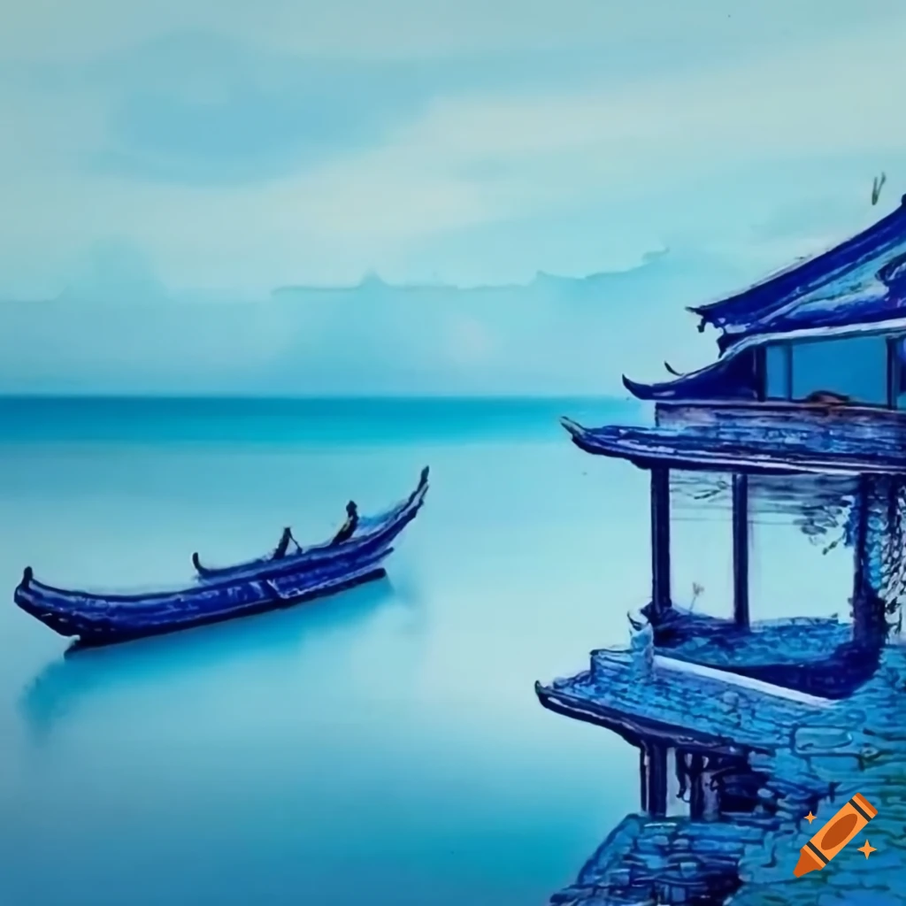 Seashore with old Chinese-style houses in white and blue colors