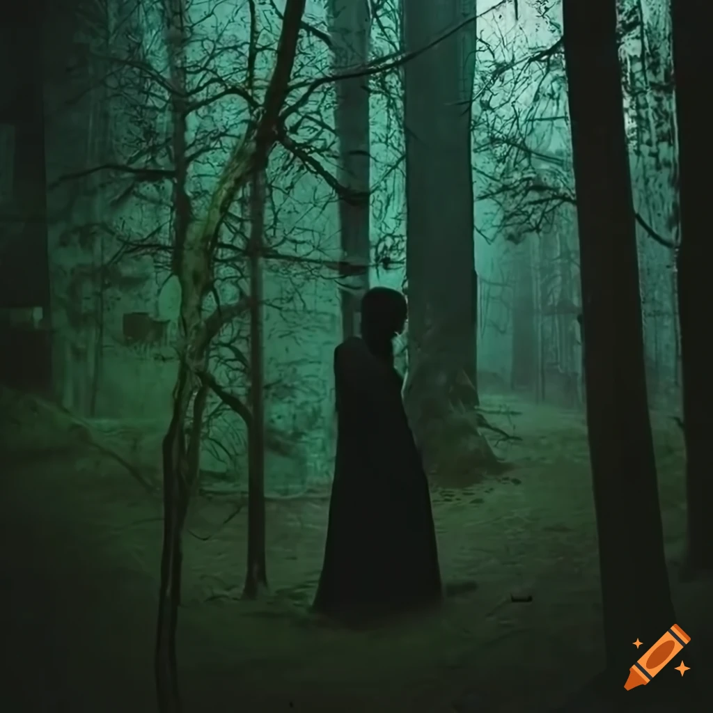 Cyberpunk album cover with aliens in a dark and creepy forest setting