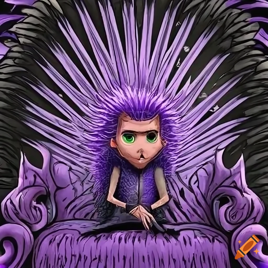 Purple porcupine sitting on a Game of Thrones style throne in cartoon style