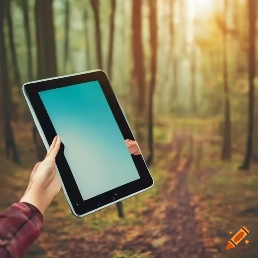 Hands holding an ipad in a forest setting on craiyon
