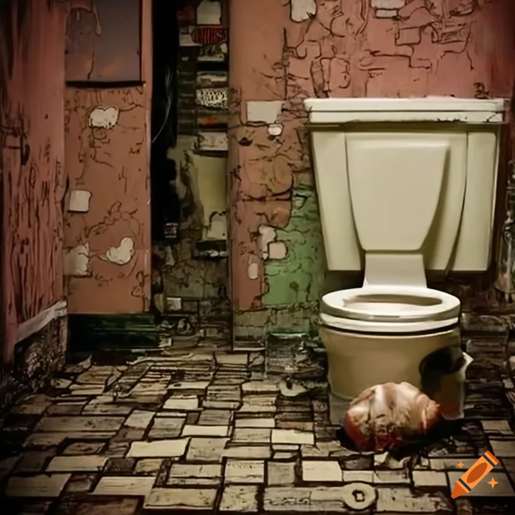 Jerry seinfeld's head in a dilapidated institutional bathroom in a