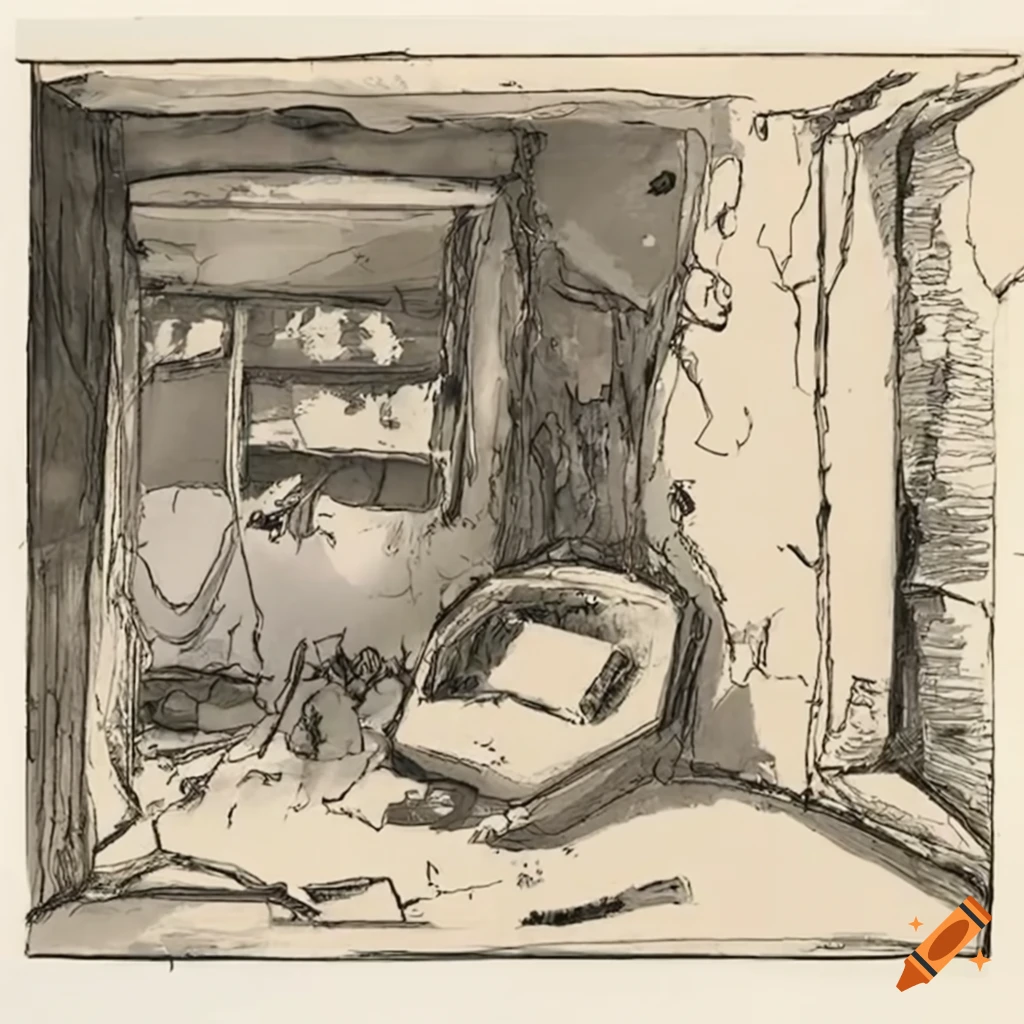 Troglodyte apartment interior with broken furniture on Craiyon