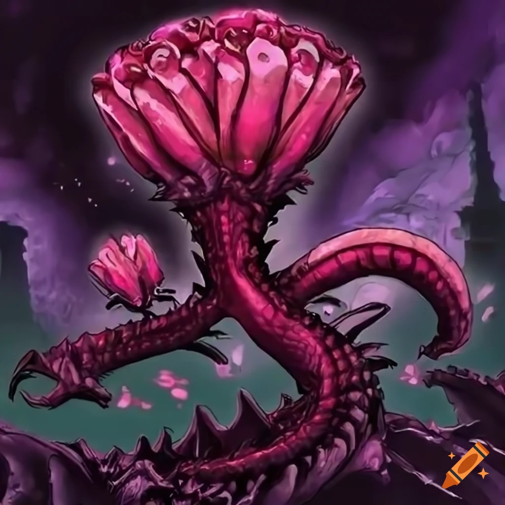 Giant rose plant monster with reptilian features destroying buildings ...