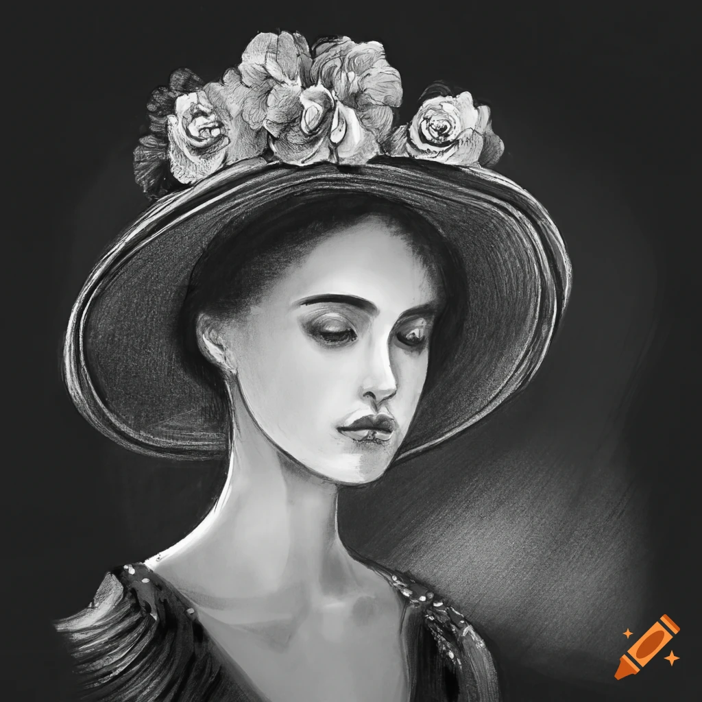 Victorian era-inspired sketch of a young woman with an elegant flower hat from behind